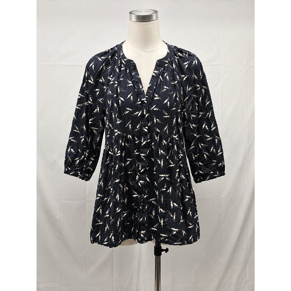 Maeve by Anthropologie Black Ivory Floral Leaf Print Cotton Tunic Blouse Large - Picture 2 of 7